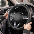 High-Grade Real Cowhide Steering Wheel Cover for Men Women，Black Genuine Leather Steering Wheel Cover for Cars,Universal 14.5-15 inch Steering Wheels