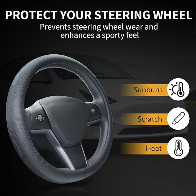 Nappa Leather Steering Wheel Cover Compatible with Tesla Model 3/Y 2016-2025 2026 Juniper/Highland, Non-Slip Breathable Model 3/Y Steering Wheel Protector, Black
