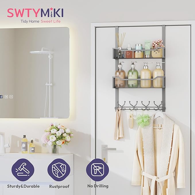 SWTYMIKI Over The Door Hooks Organizer - Multi-Functional Door Hanger with 16 Hooks & 2 Mesh Baskets, Long Coat Rack for Bath