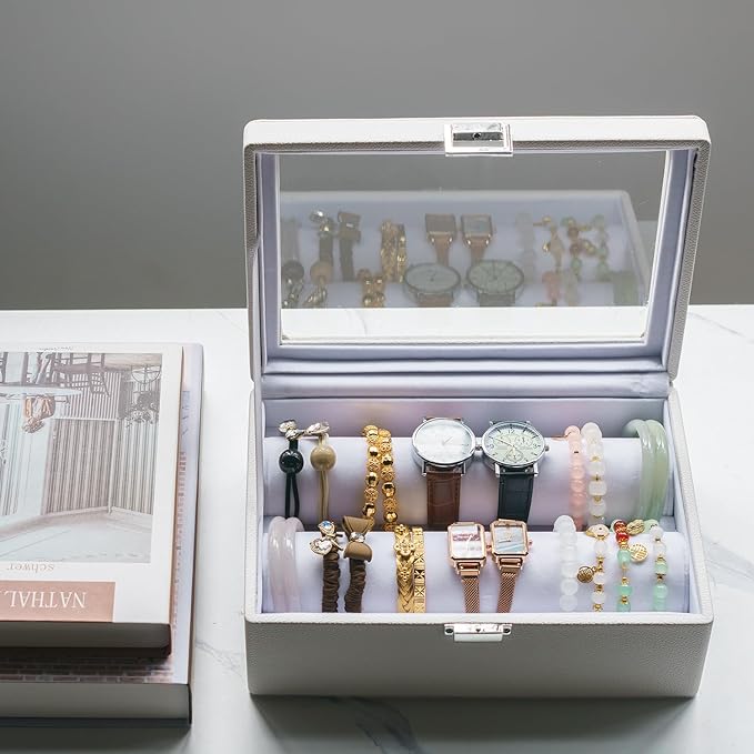 Bracelets Organizer Rods Bangles Display Holder, Clear See through Lid Leather Velvet Jewelry Storage Box Case for Women, 2 R