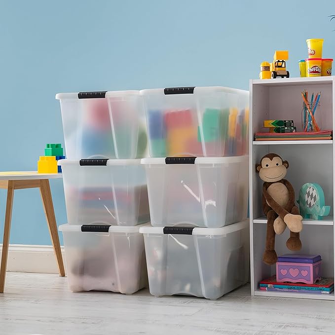 IRIS USA 40 Qt Stackable Plastic Storage Bins with Lids, 6 Pack - BPA-Free, Made in USA - Discreet Organizing Solution, Latch