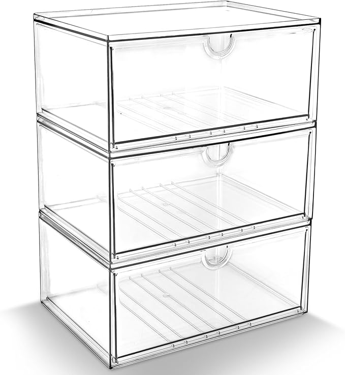Prsildan Acrylic Makeup Organizer, 3 Pack Stackable Clear Storage Drawers for Baby Bottles Desk Organizers with 3 Drawers for