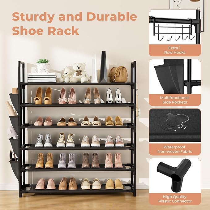 LANTEFUL 6 Tier Shoe Rack, Shoe Organizer Storage for 24-30 Pairs Shoe and Boot, Long Shoe Shelf with Hook and Side Pocket Fr