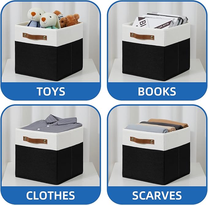 Temary 11 inch Cube Storage Bin 4 Pack Fabric Storage Cubes for Home, Fabric Storage Bin Storage Cube Bins with Leather Handl