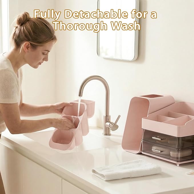 Large Capacity Makeup Organizer Countertop with Makeup Brush Holder for Vanity, Thickened Material, Bathroom Countertop Organ