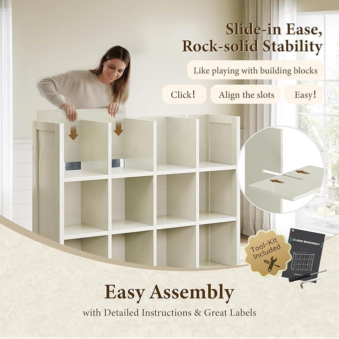 OffiGo 12 Cube Organizer Bookcase, Modern Farmhouse Open Shelf for Storage Bins & Decor, Display Bookshelf Console Closet for