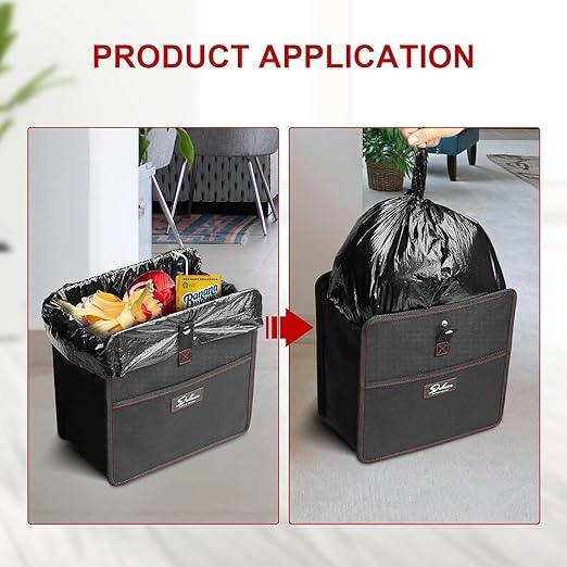 Simple Deluxe Car Trash Can, Leak-Proof Car Garbage Can with Cokkapsible Adjustable Straps, Portable and Trash Bag with Storage Pockets, 3 Gallon, Black