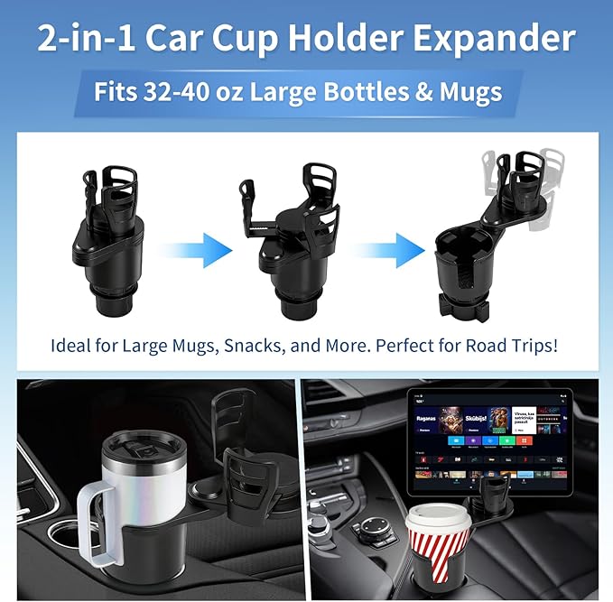 2 in 1 Car Cup Holder Expander, Adjustable Base (2.6-3.9") Dual Cup Holder Extender for Car, Universal Large Drink Holder Ada