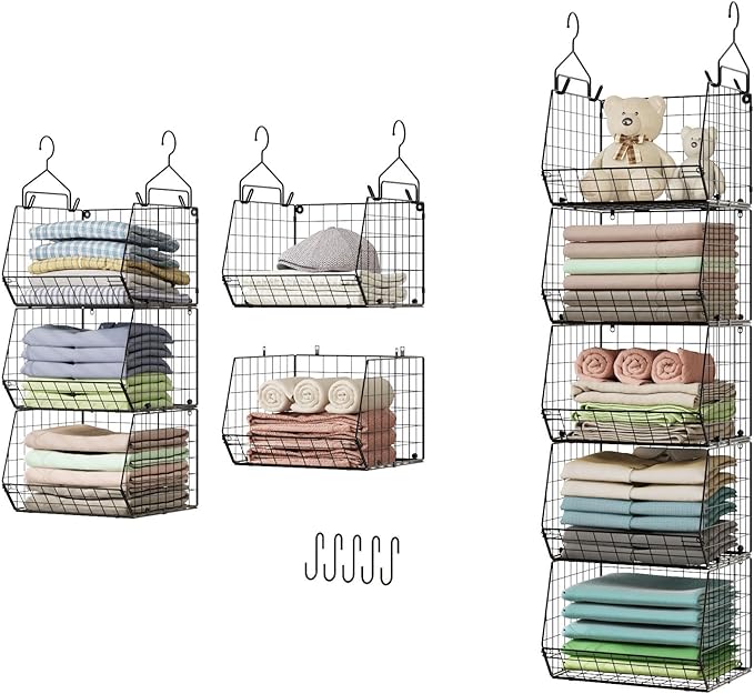 5 Tier Closet Hanging Organizer, Clothes Hanging Shelves with 4 Hanging Hooks 5 S Hooks, Wire Storage Basket Bins, for Clothi