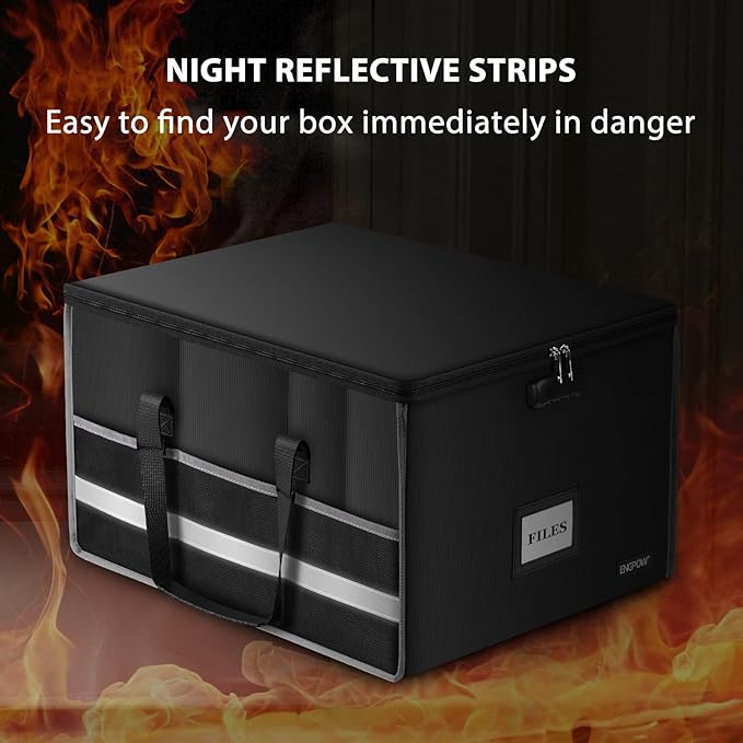 ENGPOW Fireproof Document Box with Lock, File Storage Organizer Box with Inserts ＆Mesh Pockets, Collapsible Portable Large Fi