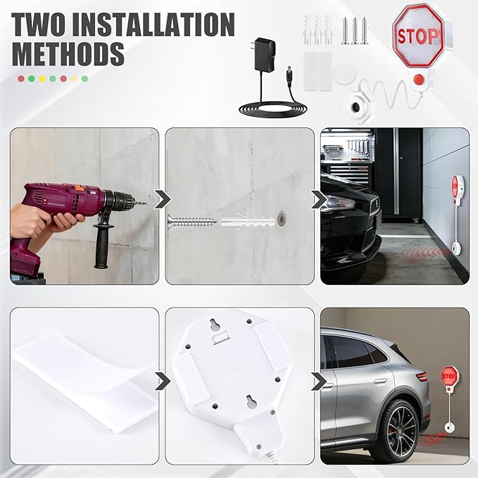 Lawnldyll Garage Parking Sensor Aid, Garage Stopper for Parking Car, Adjustable Car Stop Assistant with Red/Yellow/Green LED 