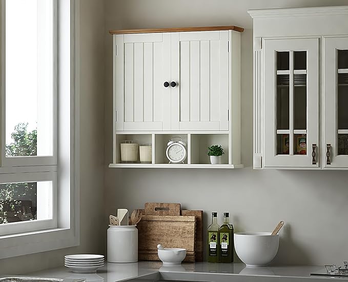 ChooChoo Bathroom Cabinet Wall Mounted 2-Door with 3 Open Shelves， Wooden Medicine Cabinets with Adjustable Shelf，Space Saver