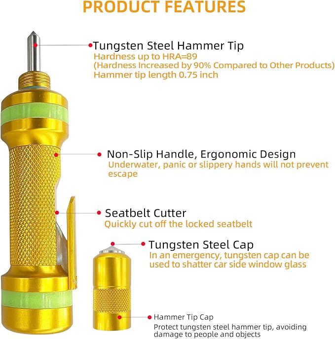 2-in-1 Window Breaker Seatbelt Cutter, Car Window Breaker Tool, Metal Glass Breaker - Extended Tungsten Steel Hammer Tip, Can