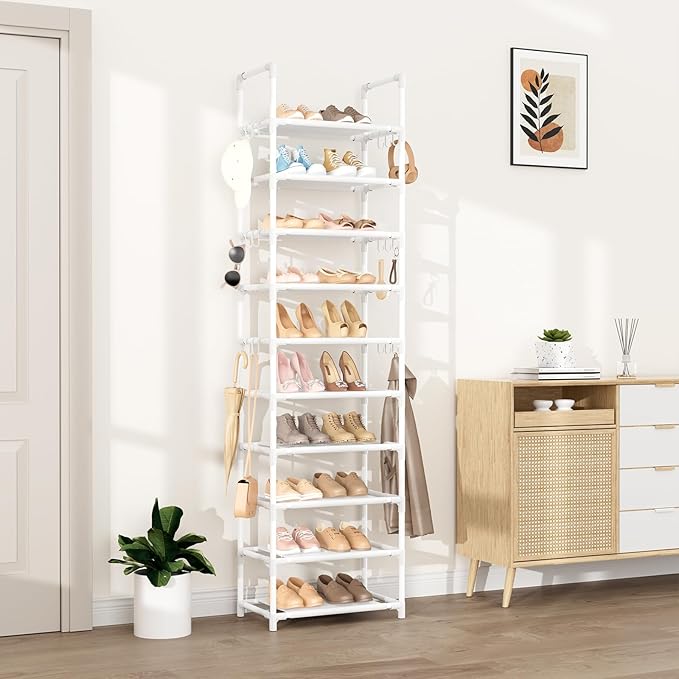 VTRIN 10 Tiers Tall Shoe Rack Holds 20-25 Pairs of Shoes Sturdy Vertical Shoe Organizer with 18pcs Hooks Stackable Narrow Sho