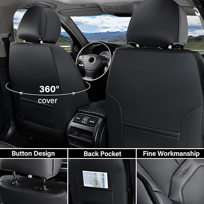 Coverado Car Seat Covers Full Set, Premium Nappa Leather Seat Covers for Car, Waterproof Car Seat Protector with Lumbar Suppo