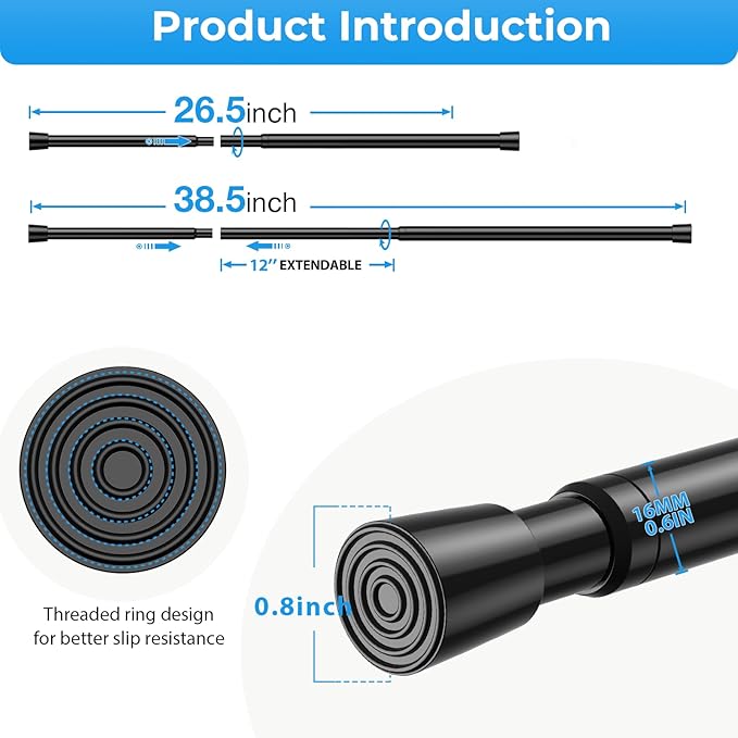 6PCS Small Tension Curtain Rod 27 to 38 Inch,Black Short Curtain Rods No Drilling,Loaded Expandable Spring Curtain Rods for W
