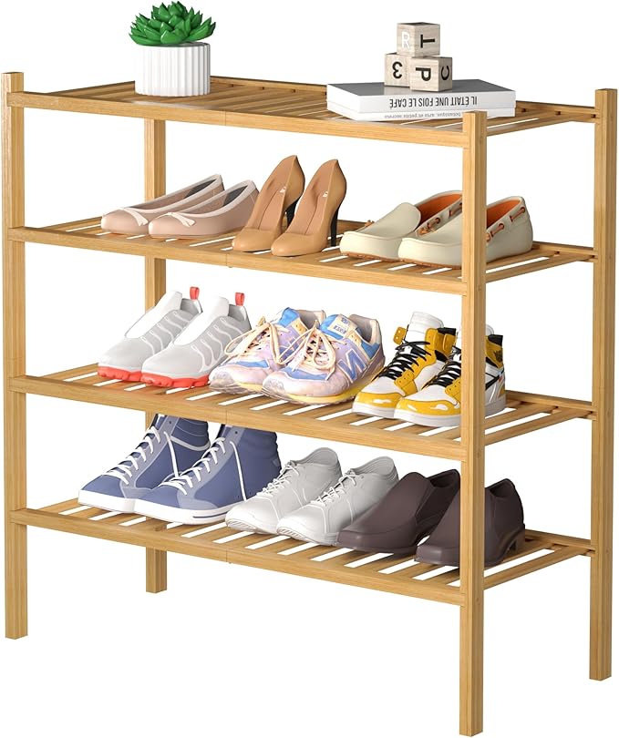 ROMGUAR CRAFT 4 Tier Bamboo Shoe Rack for Closet Free Standing Wood Shoe Shelf for Entryway Small Space Stackable 27"x11"x26"