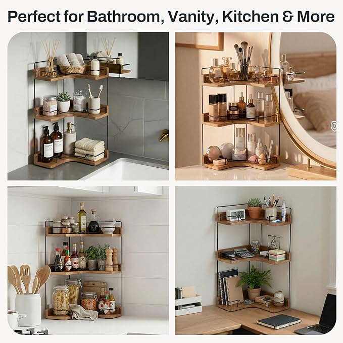 3-Tier Bathroom Counter Organizer, Wooden Corner Shelf for Vanity Countertop Skincare & Makeup, Storage and Organization for 