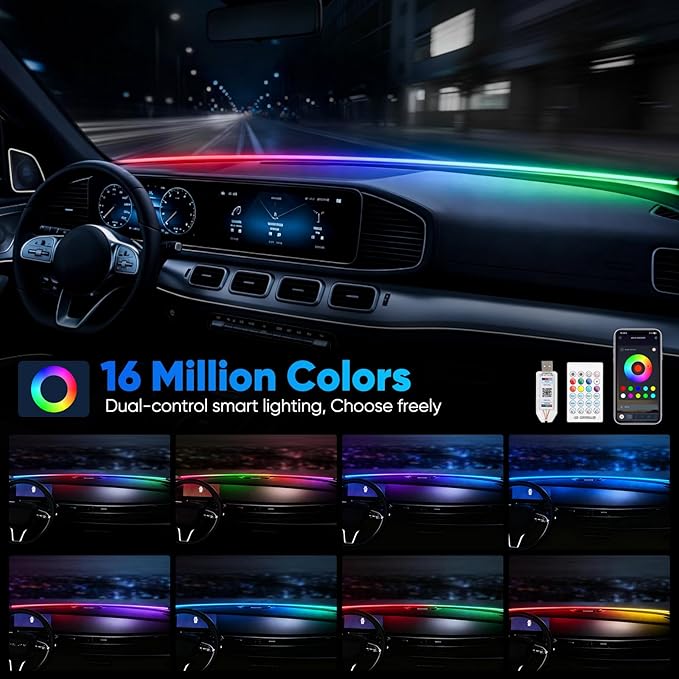 LED Strip Lights for Car Windshield 59in, RGB Ambient Lighting Car Interior with Noise Reduction, 16 Million Colors, Music Mode and Smart Control Car LED Lights Interior