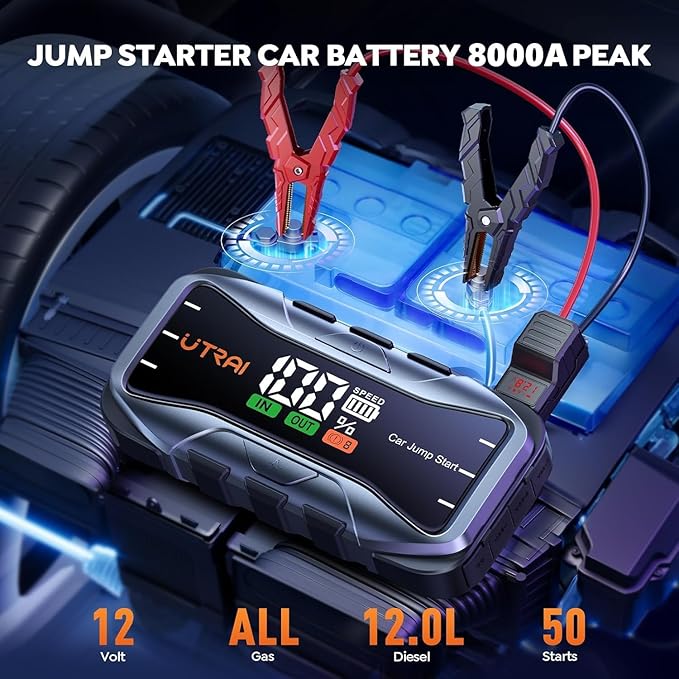UTRAI 8000A Portable Car Jump Starter, 12V Battery Jumper for All Gas & 12L Diesel Engines, 27000mAh Jump Box with 65W USB-C