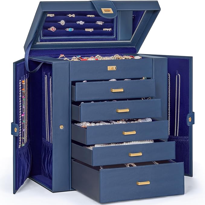 AKOZLIN Extra Large 6-Tier Jewelry Box Organizer Functional Huge, 5 Drawers Leather Jewelry Storage Case for Women Girls Ring