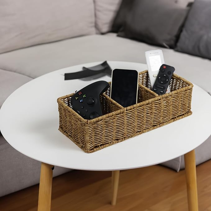 Waterproof Wicker Basket With 3 Compartments, Hand Woven Bathroom Counter Organizer, Small Storage Basket for Toilet Paper St