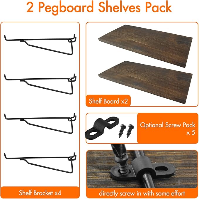 G.CORE 2 Pack Wooden Pegboard Shelves with Brackets, Peg Board Shelf Hooks Assortment Organizer Accessory, Various Tools Stor