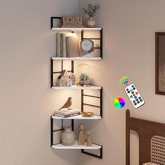 Corner Floating Shelves with Lights - 5 Tiers Corner Shelf Wall Mounted, Bookshelf with LED Light, Floating Shelves for Wall,