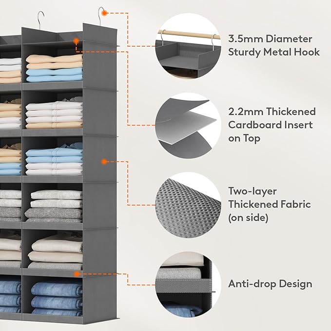 Lifewit Dual-Row Shelf Hanging Closet Organizer and Storage, Clothes Shelves with 3 Sturdy Hooks for Clothing Organization, F