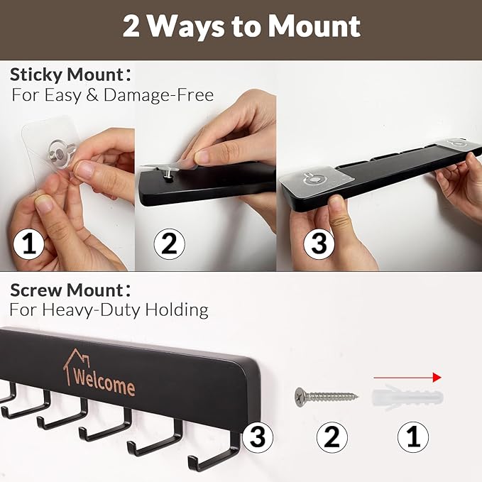 SCUNDA Wooden Key Holder with Metal Hooks,No Drill Adhesive & Screws, Wall Mount Entryway Organizer for Keys, Coats, Hats, Ru