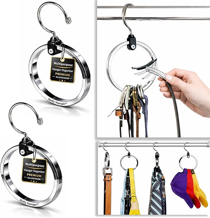 Rolly Hanger® Closet Space Saver – Premium Rotating Aluminum Organizer for Belts, Ties, Hats & Handbags – Heavy Duty 360° Swi