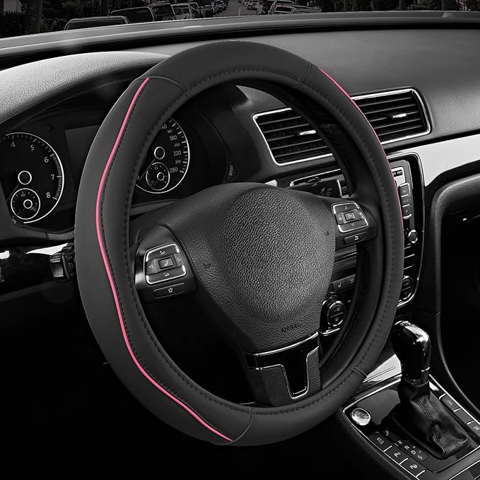 Road Comforts Leather Steering Wheel Cover with Decorative Trim and Piping, Anti-Slip Breathable Design, Fits 14.5–15 Inch Ro