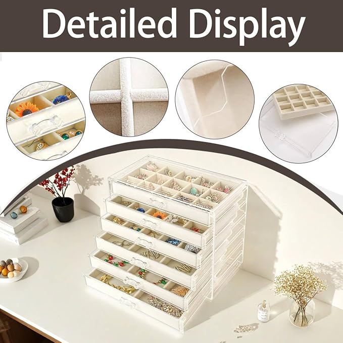 Watpot Acrylic Jewelry Box with 6 Drawers, Clear Earring Storage Organizer Display Case for Women Girls, Beige