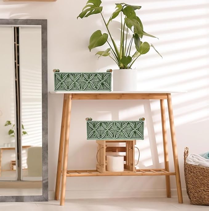 HOSROOME Macrame Boho Decor Baskets for Organizing Woven Decorative Basket for Countertop Toilet Paper Basket for Tank Top fo