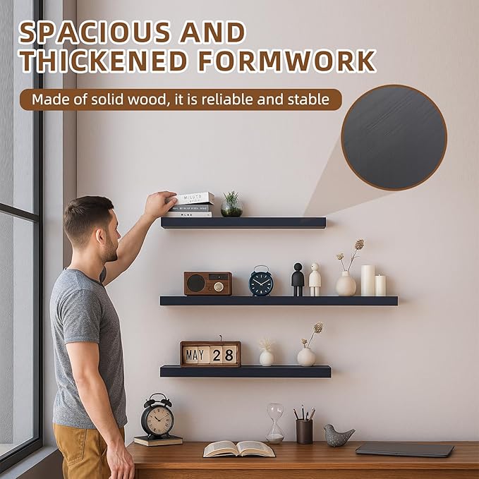 Floating Shelves for Wall, 23.6 inch Long Set of 3 Wood Rustic Wall Mounted Shelves, Display Shelf with Invisible Heavy, Larg