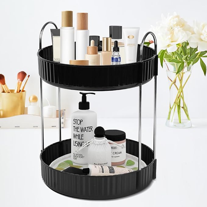 Rotating Makeup Organizer Countertop 2 Tier Lazy Susan Trays Spinning Skincare Perfume Storage for Bathroom Counter Vanity, B