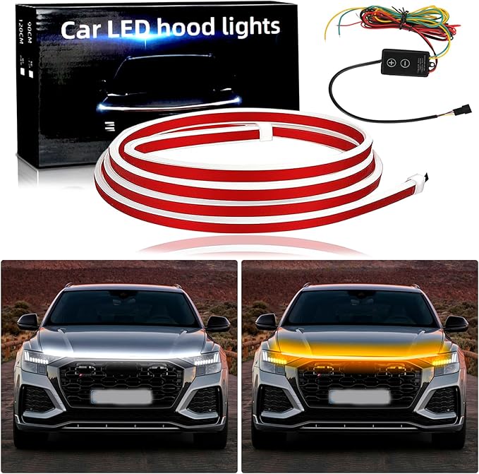 JMTBNO 94" Car LED Hood Light Strip,Dual Color Dynamic Scan Start Up Hood light Exterior,Daytime Running Lights White&Amber Switchback Sequential Turn Signal Lights