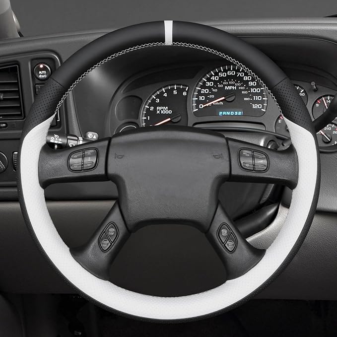 MEWANT Hand Stitch Steering Wheel Cover for Chevy Silverado 1500 2003-2006 Black White Faux Leather Steering Wheel Wrap