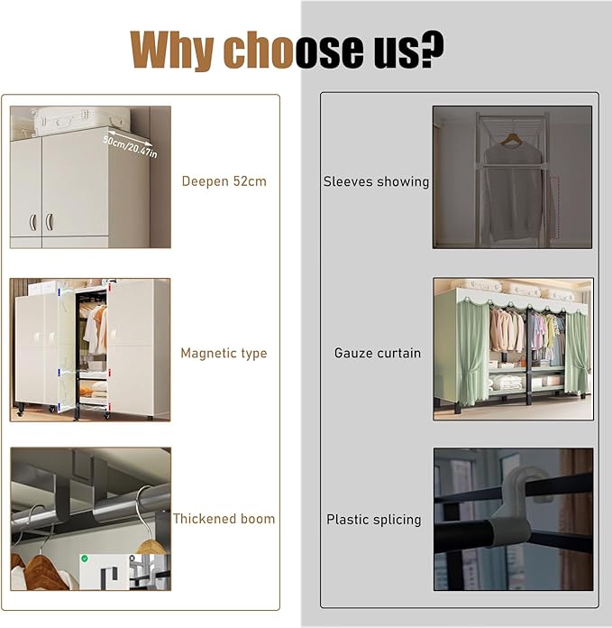 Foldable Portable Wardrobe On Wheels, Freestanding Garment Rack, with Magnetic Door 2000lbs, Heavy Duty Clothes Rack, for Bed