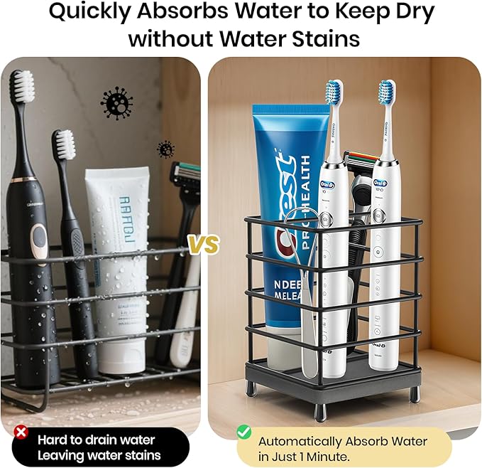 Toothbrush Holders with Quick Drying Mat—Black DiatomiteToothbrush and Toothpaste Holder for Bathroom—3 Slots Openwork Design