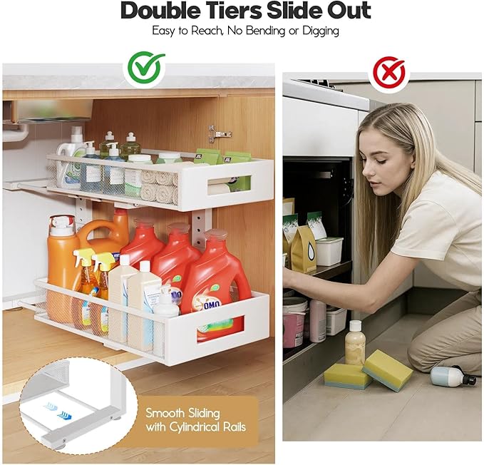 1 Pack 17IN Depth Under Sink Organizer, 2-Tier Pull Out Cabinet Organizer With Smooth Circular Rail, Large Capacity Metal Mes