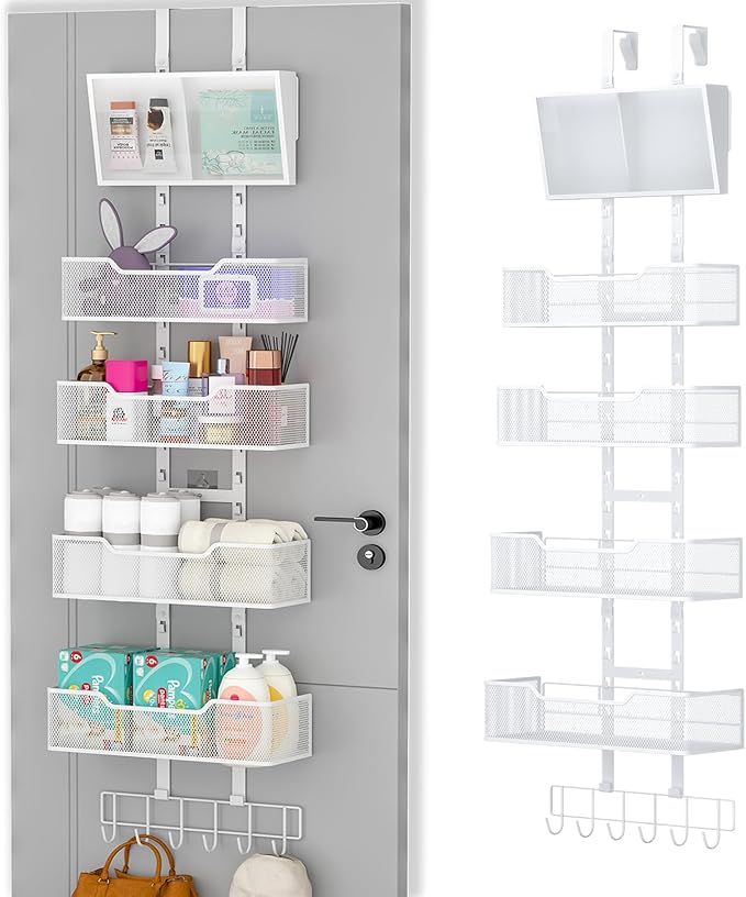 Hongtamoya Adjustable Over The Door Organizer, Hanging Door Storage with PVC Pocket and 4 Metal Baskets Wall Mount, Closet Do
