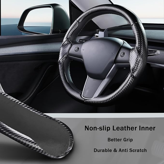 Steering Wheel Cover for 2017-2023 Tesla Model 3 2020-2024 Tesla Model Y, Carbon Fiber Steering Wheel Cover for Tesla Model 3/Y Accessories, Matte Black