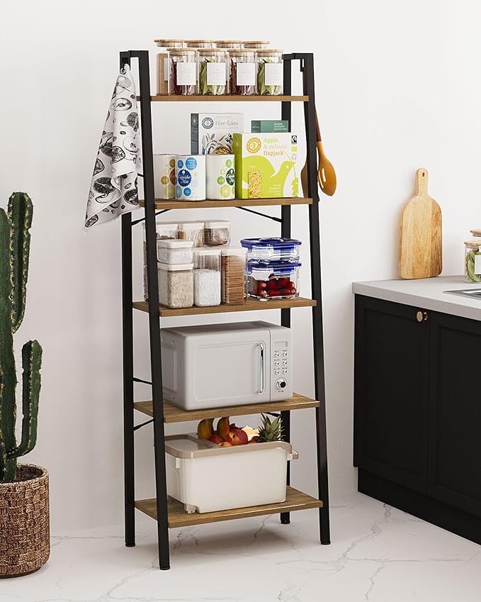 Hzuaneri Ladder Shelf, Bookshelf Bookcase, Freestanding Corner Storage Shelve with 2 Hooks for Home Office, Living Room, Kitc