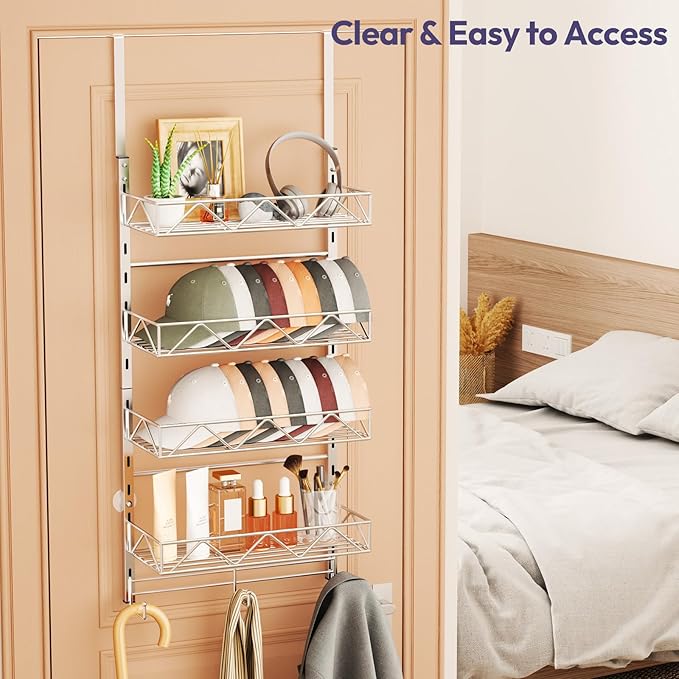 SWTYMIKI Over Door Hat Organizer - 5 Tier Wall Mounted Hat Rack with 4 Adjustable Metal Basket Heights Design and 3 Hooks, Ba