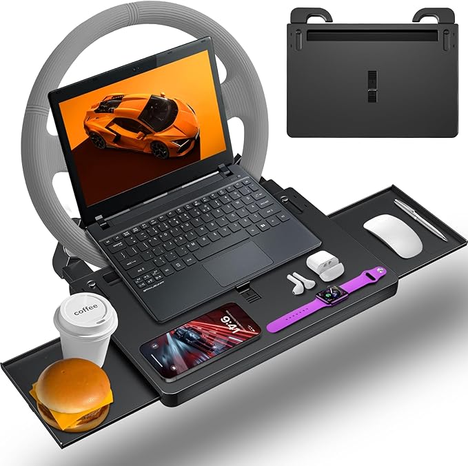 Steering Wheel Tray, Car Food Tray, Car Desk for Laptop, Multipurpose Car Table for Eating & Work, Adjustable Car Tray with Drawer and Anti-Slip Protective Adhesive