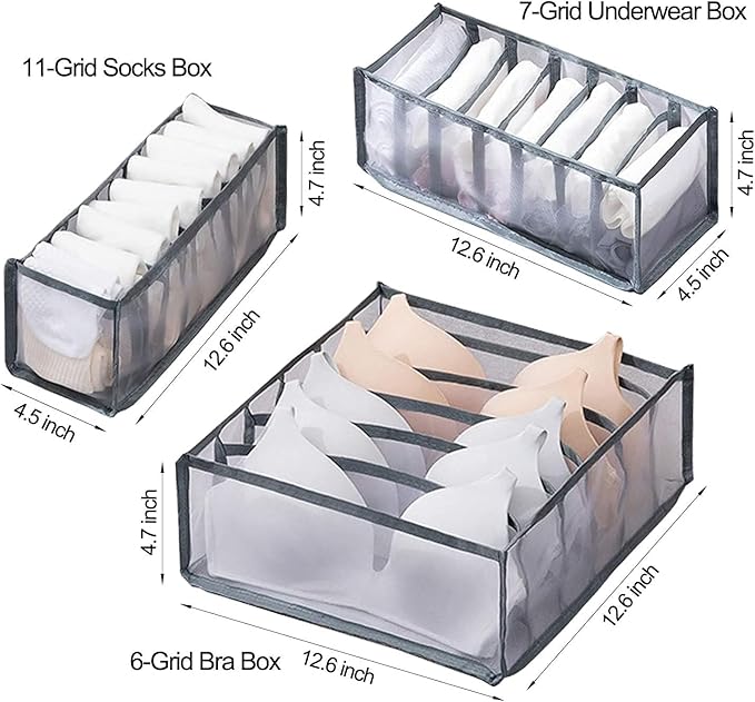 3 Set Underwear Organizer, Foldable Bra Underwear Drawer Organizer Divider Bins for Underwear, Socks, Ties, Bras, Underwear S