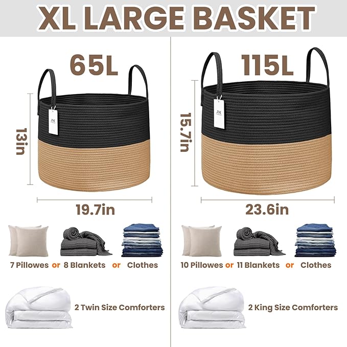 JMvicyroam 65L Extra Large Blanket Basket for Living Room - Woven Cotton Rope Laundry Hamper with Reinforced Handles - Storag