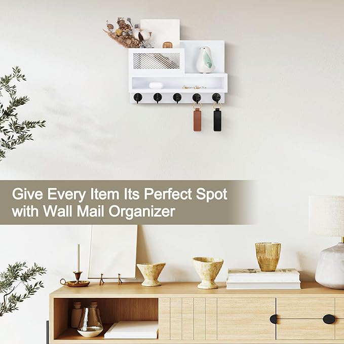 Key Holder for Wall, Mail Organizer Wall Mount with Storage Compartment and 5 key Hooks for Coat, Dog Leash, Stylish Mesh Mai