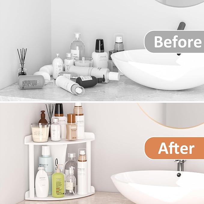 Sezanrpt 2 Tier Countertop Corner Organizer Shelf 7x7x8 Inch, White Acrylic Bathroom Vanity Storage Organizer Corner Shelf fo